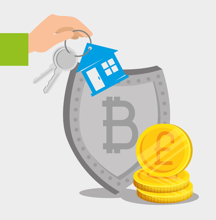 bitcoin electronic currency with shield and exchange house vector illustrationのイラスト素材