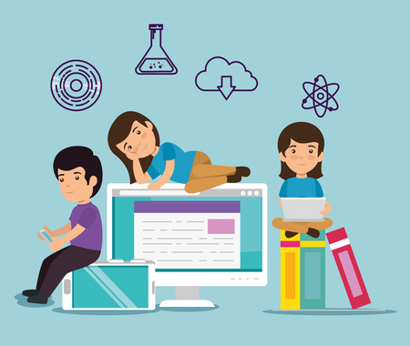 children with smartphone and computer with education books vector illustrationのイラスト素材