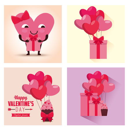 set valentine day celebration with hearts balloons and gifts vector illustrationのイラスト素材