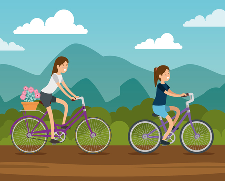 women friends ride bicycle vehicle vector illustrationのイラスト素材