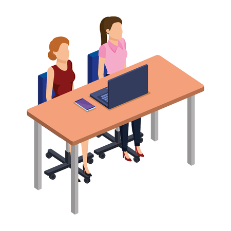 couple businesswomen in desk and laptop vector illustration designのイラスト素材