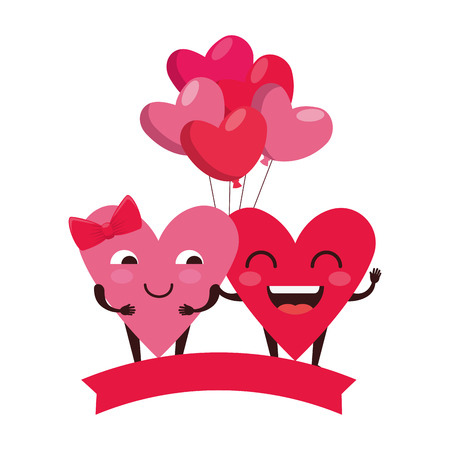 hearts love couple with balloons air kawaii characters vector illustrationのイラスト素材