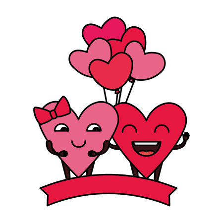 hearts love couple with balloons air kawaii characters vector illustrationのイラスト素材