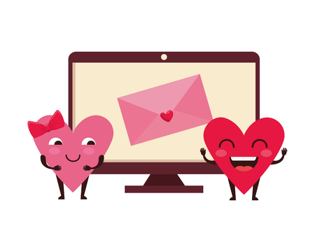 envelope in computer with hearts couple kawaii vector illustration designのイラスト素材