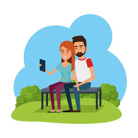 couple using smartphone in the park vector illustration designのイラスト素材