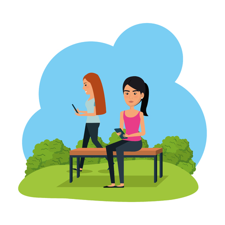 couple of women using smartphones in the park vector illustration designのイラスト素材
