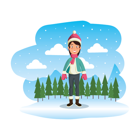woman with christmas sweater and hat in snowscape vector illustrationのイラスト素材
