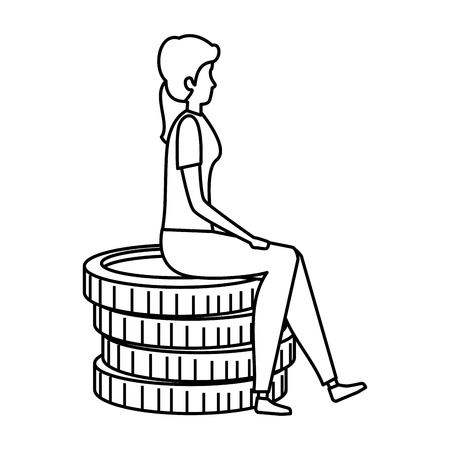 elegant businesswoman sitting in coins vector illustration designのイラスト素材