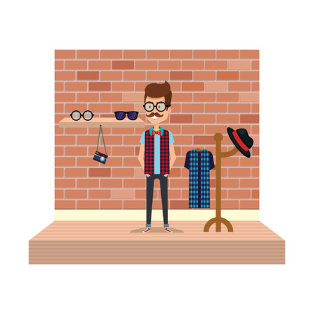 man hipster style with coat rack vector illustration designのイラスト素材