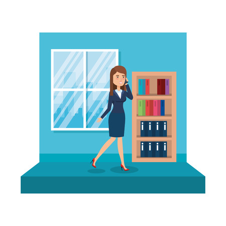 elegant businesswoman with bookscase in the office vector illustration designのイラスト素材
