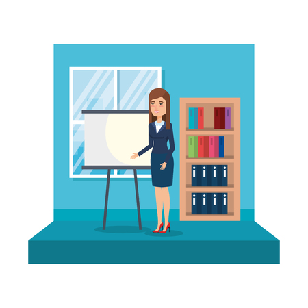 elegant businesswoman with bookscase in the office vector illustration designのイラスト素材