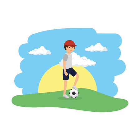 athletic man playing soccer in the camp vector illustration designのイラスト素材