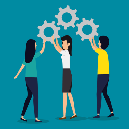 women and man business teamwork with gears vector illustrationのイラスト素材