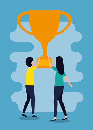 man and woman teamwork with cup prize vector illustrationのイラスト素材