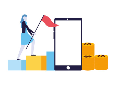 woman with flag business smartphone chart coins vector illustrationのイラスト素材