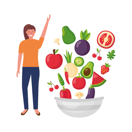 woman with fruit and vegetable bowl healthy food vector illustrationのイラスト素材