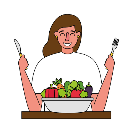 woman with fork and knife vegetable healthy food vector illustrationのイラスト素材