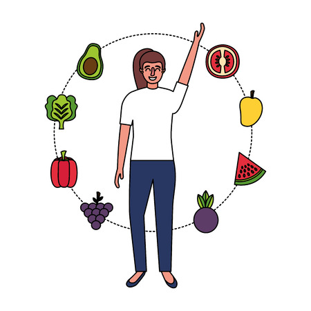 woman with fruits and vegetable healthy food vector illustrationのイラスト素材