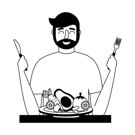 bearded man with fresh vegetable and fork knife vector illustrationのイラスト素材