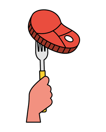 hand holding fork with meat vector illustrationのイラスト素材