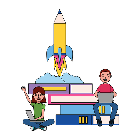 man and woman laptop rocket books education vector illustrationのイラスト素材