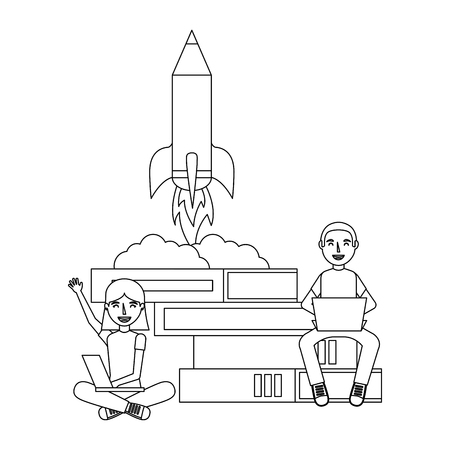 man and woman laptop rocket books education vector illustrationのイラスト素材