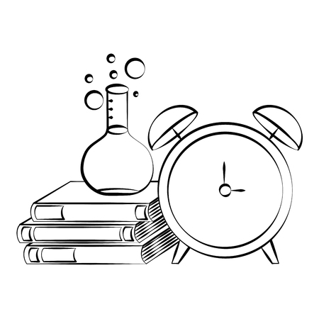 test tube alarm clock books back to school sketch vector illustrationのイラスト素材
