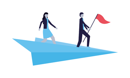 businessman and woman with flag on paper plane vector illustrationのイラスト素材