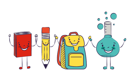 cartoon school book pencil bag and test tube character vector illustrationのイラスト素材