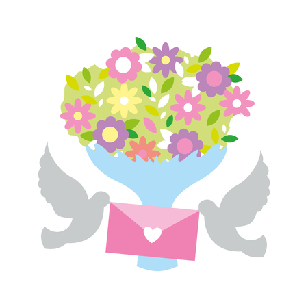 pigeons with letter and bouquet flower valentine day vector illustrationのイラスト素材