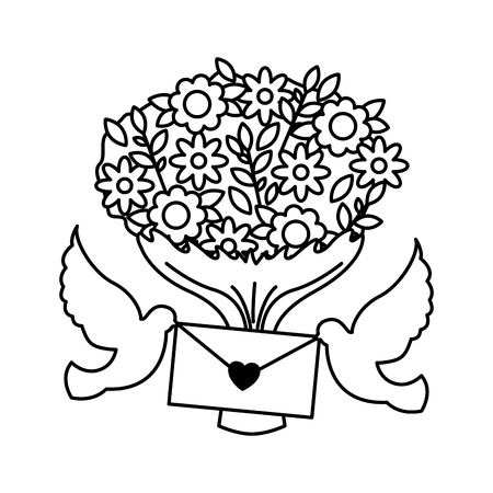 pigeons with letter and bouquet flower valentine day vector illustrationのイラスト素材