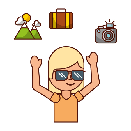 woman tourist camera bag mountain travel vacations vector illustrationのイラスト素材