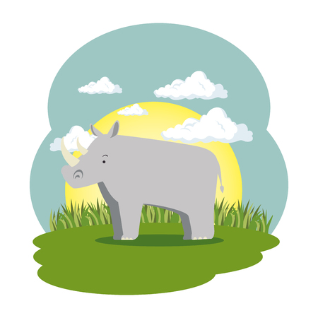 cute rhino in the field scene vector illustration designのイラスト素材