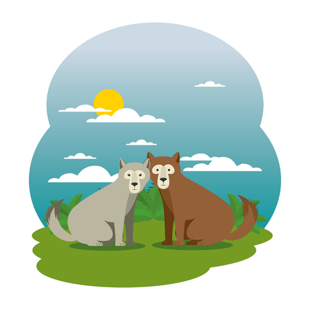 cute grizzly bears couple in the field scene vector illustration designのイラスト素材