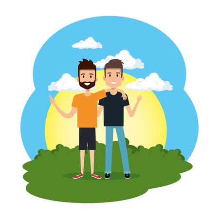 couple of men in the landscape avatars characters vector illustration designのイラスト素材
