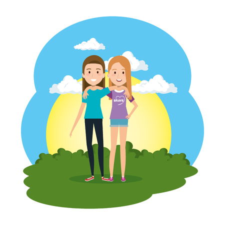 couple of women in the camp characters vector illustration designのイラスト素材