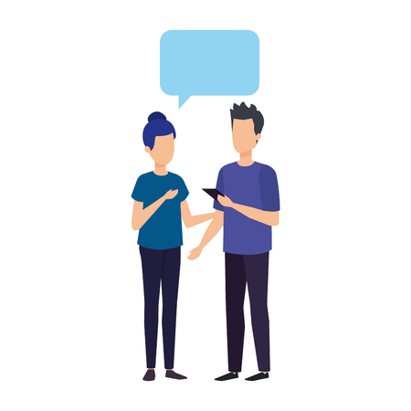 young couple with speech bubble characters vector illustration designのイラスト素材