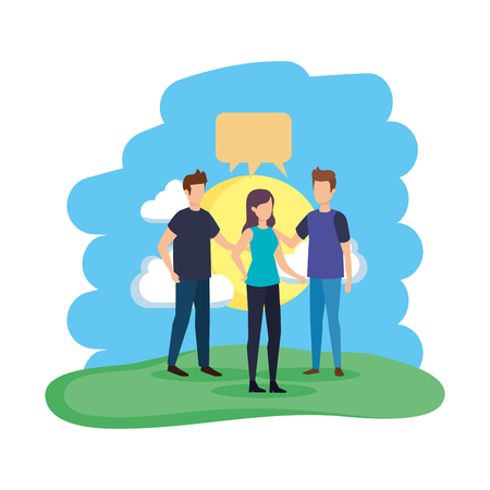 group of people with speech bubbles in the camp vector illustration designのイラスト素材