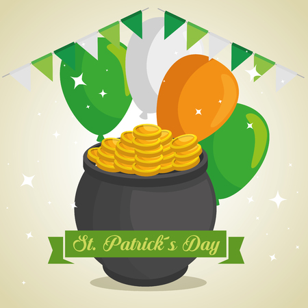 st patrick day and cauldron with coins and balloons vector illustrationのイラスト素材