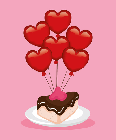 valentines day card with hearts balloons helium and cake vector illustrationのイラスト素材