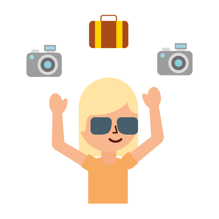 woman tourist camera bag travel vacations vector illustrationのイラスト素材