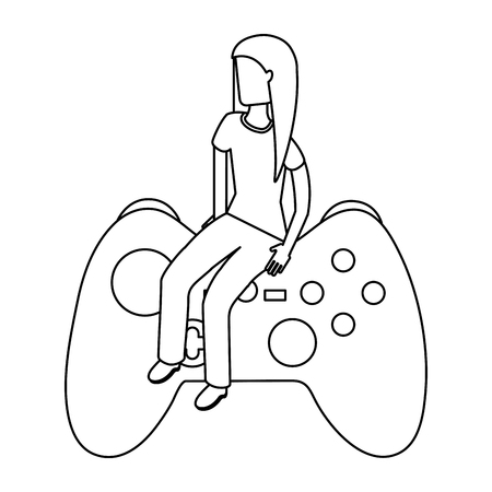 girl sitting on control video game vector illustration outlineのイラスト素材