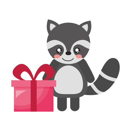 cute raccoon and gift happy valentines day vector illustrationのイラスト素材