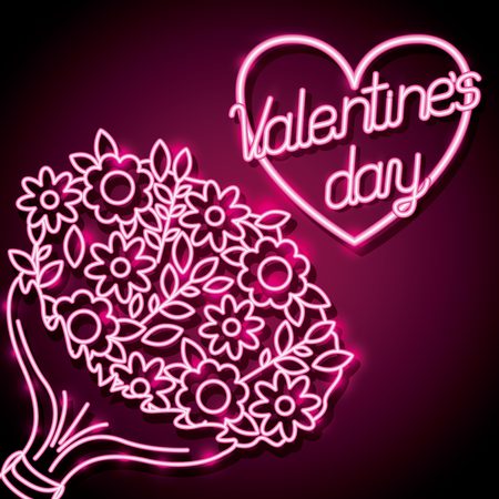 bouquet flowers happy valentines day neon vector illustrationのイラスト素材