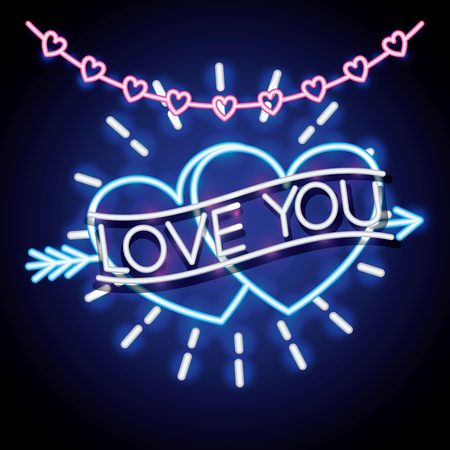 love you hearts happy valentines day neon vector illustrationのイラスト素材
