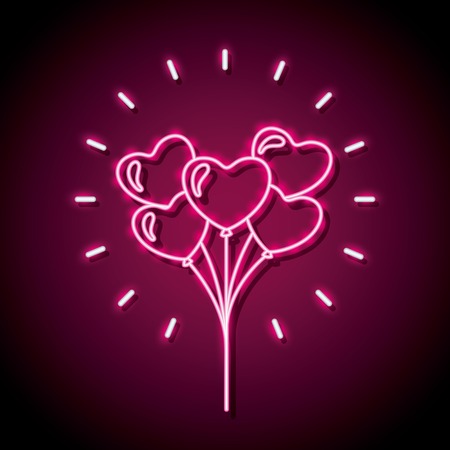 balloons shaped hearts happy valentines day neon vector illustrationのイラスト素材