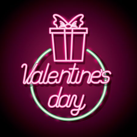 gift box happy valentines day neon vector illustrationのイラスト素材