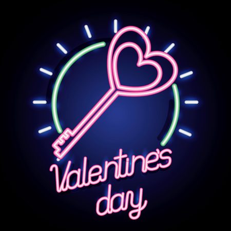 heart key love happy valentines day neon vector illustrationのイラスト素材