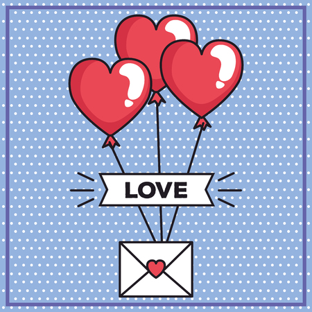 valentines day card with envelope and balloons helium in shape heart vector illustration designのイラスト素材