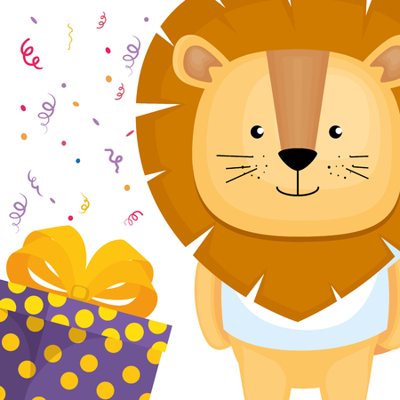 cute and little lion with gift vector illustration designのイラスト素材